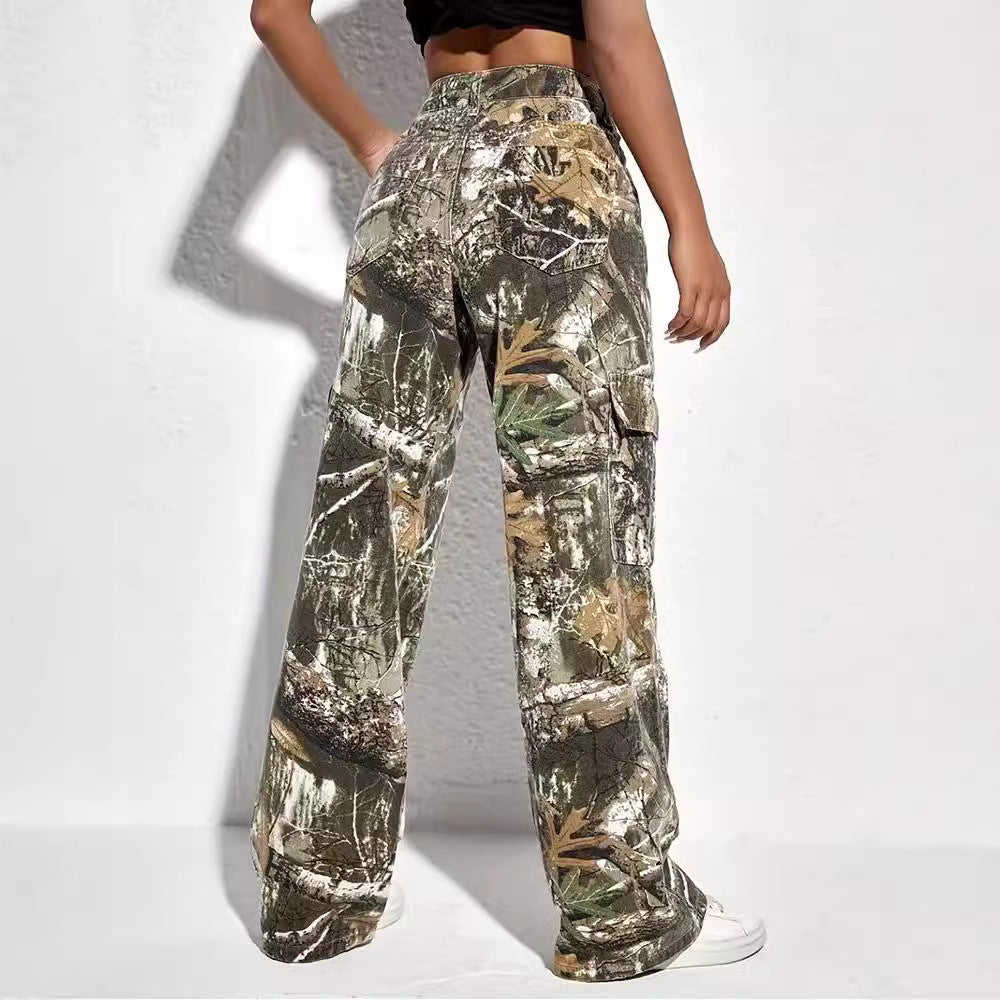 Embroidered and printed camouflage long pants for spring, mid-waist spliced zipper casual loose straight-leg pants for women