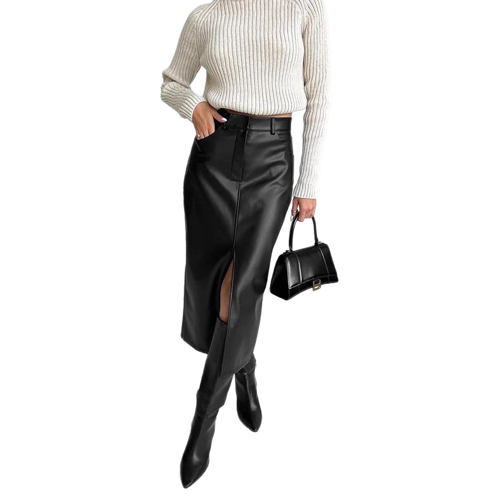 Autumn and winter leather skirt with slit design for women's half skirt