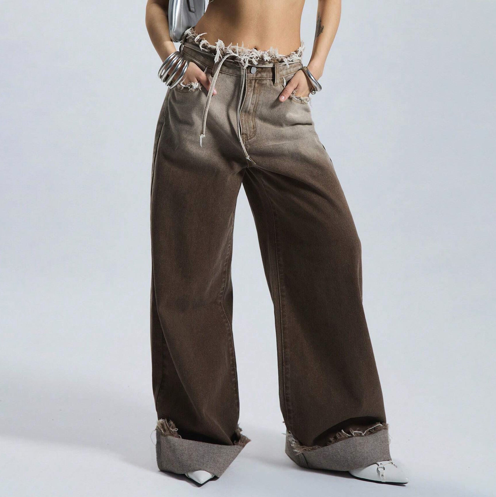 American-style waisted gradient jeans with a versatile design, wide-leg straight-leg trousers for women