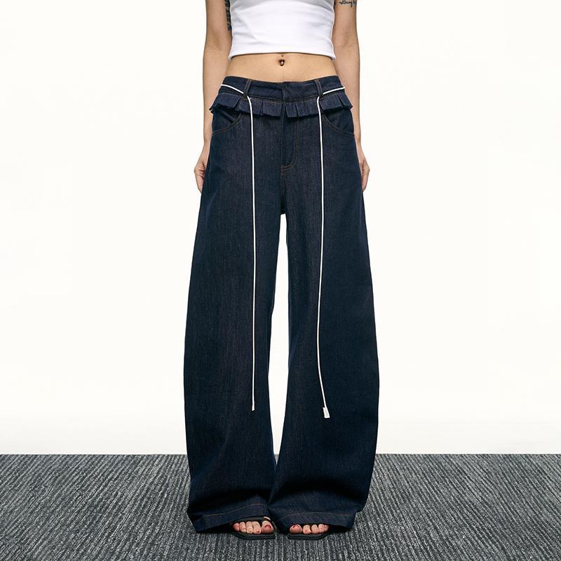 American hot girl washed-out jeans with a design sense, loose straight-leg pants, floor-length wide-leg pants