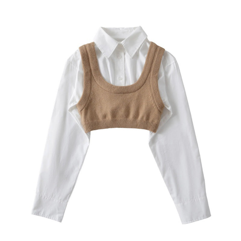 Pure Desire style striped short shirt two-piece set, sleeveless I-shaped knitted vest, short layered top