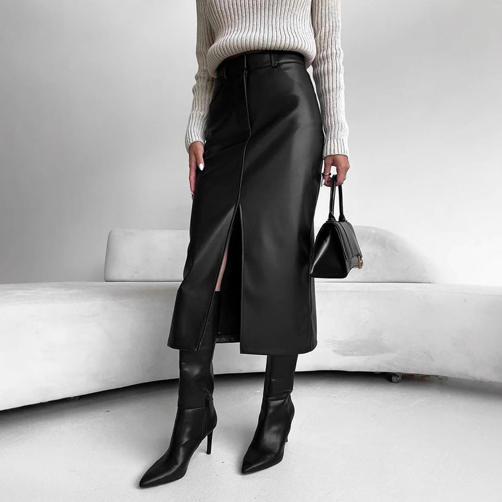Autumn and winter leather skirt with slit design for women's half skirt