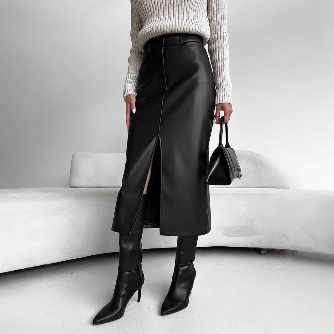 Autumn and winter leather skirt with slit design for women's half skirt