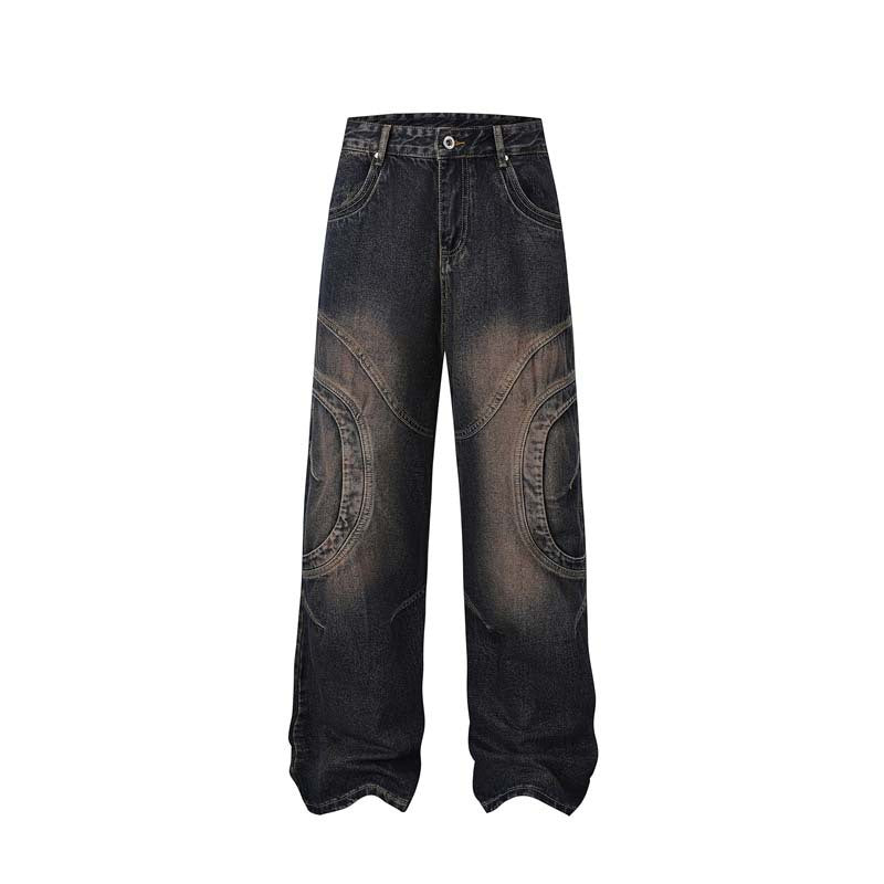 American high street deconstructed and pieced washed-out distressed men's loose and casual straight-leg jeans