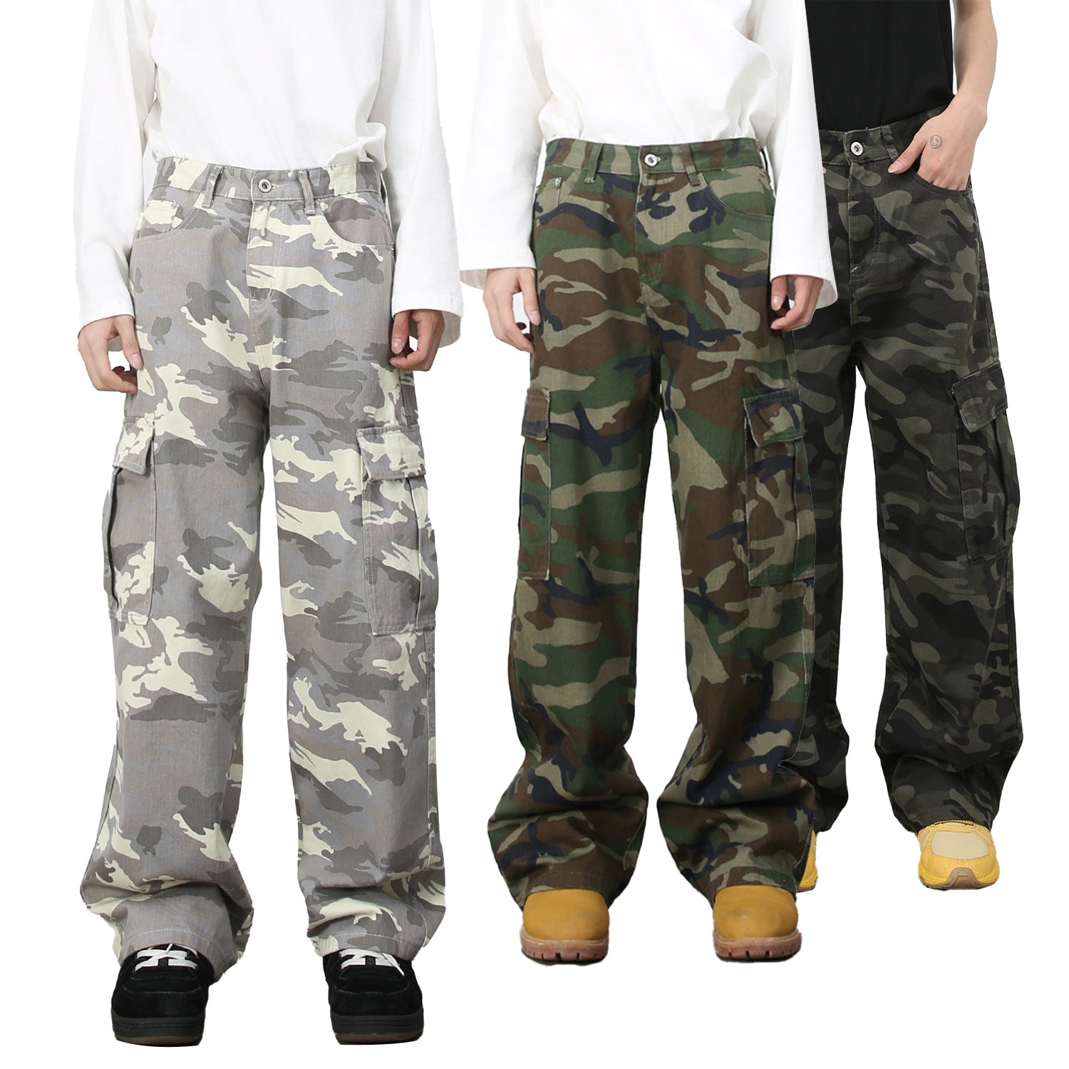 nirben jeans - American vibe retro camouflage oversized pocket workwear jeans for men, loose straight-leg wide-leg pants