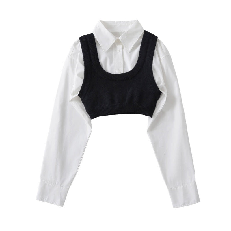 Pure Desire style striped short shirt two-piece set, sleeveless I-shaped knitted vest, short layered top