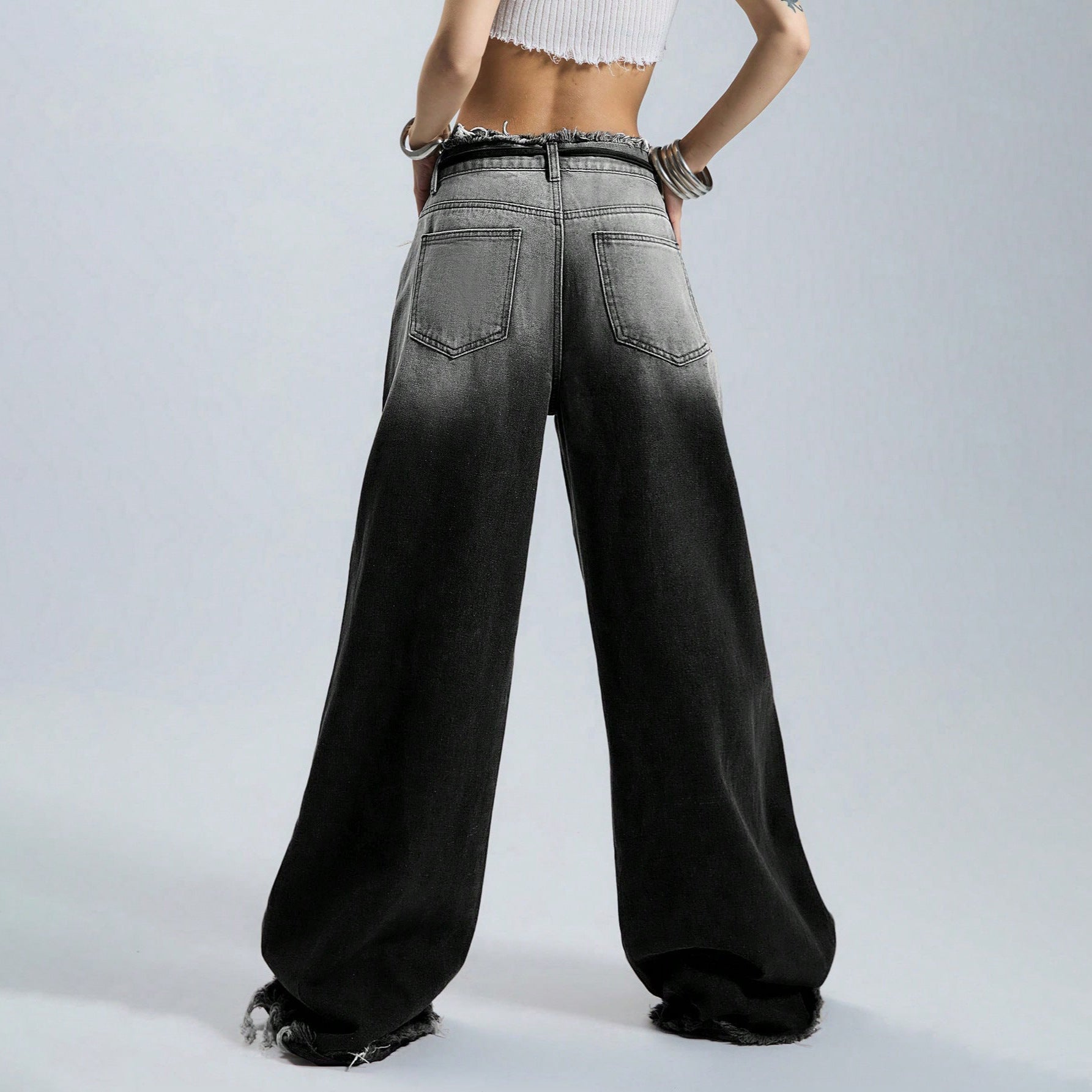 American-style waisted gradient jeans with a versatile design, wide-leg straight-leg trousers for women