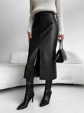 Autumn and winter leather skirt with slit design for women's half skirt