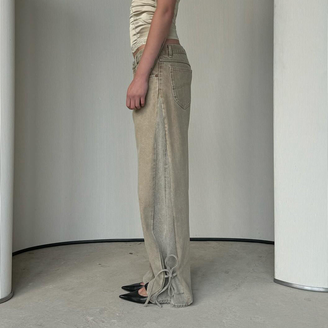 Women's design sense lace-up hem side color-blocked jeans, versatile street style American wide-leg straight-leg pants