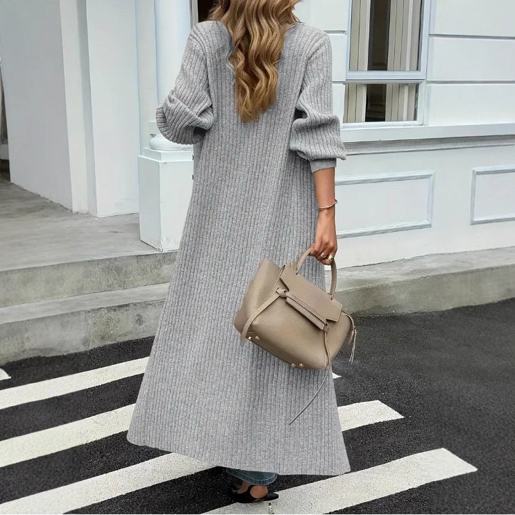 Women's winter solid-color cardigan, casual long coat, versatile loose knitted women's sweater coat