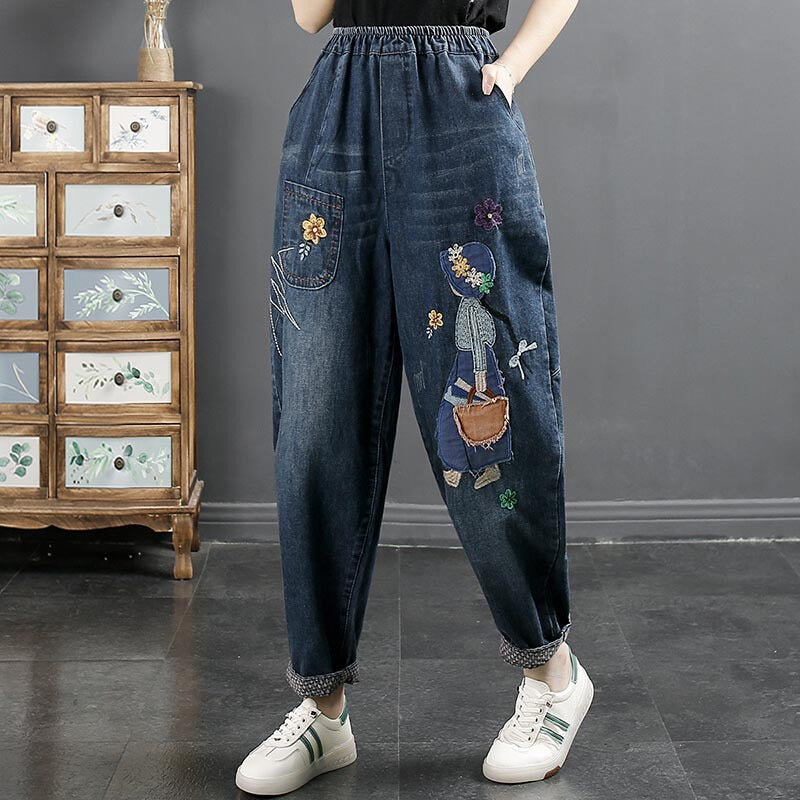 Retro embroidered jeans, women's early autumn casual and versatile long pants, loose and large size slimming, elastic and tight waist Harem pants