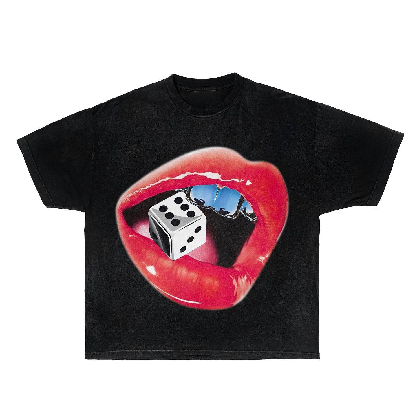 Men's clothing American-style lipstick, lips, iling face, street print wash short-sleeved T-shirt