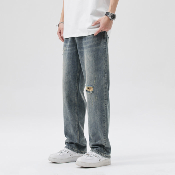 Men's vintage jeans, spring and autumn straight-leg loose wide-leg American high street versatile casual long pants for men
