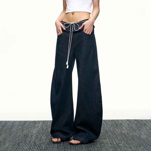 American hot girl washed-out jeans with a design sense, loose straight-leg pants, floor-length wide-leg pants