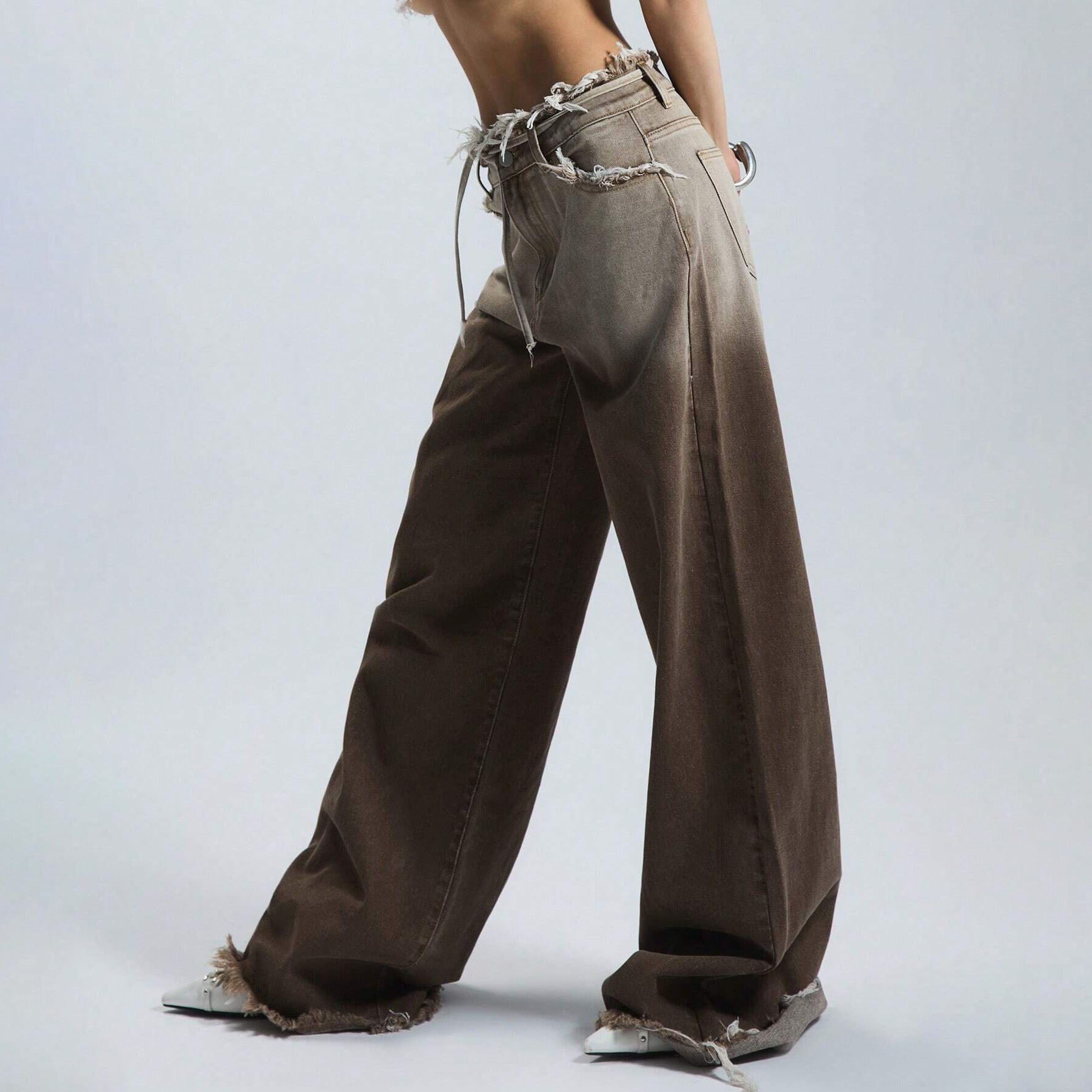 American-style waisted gradient jeans with a versatile design, wide-leg straight-leg trousers for women