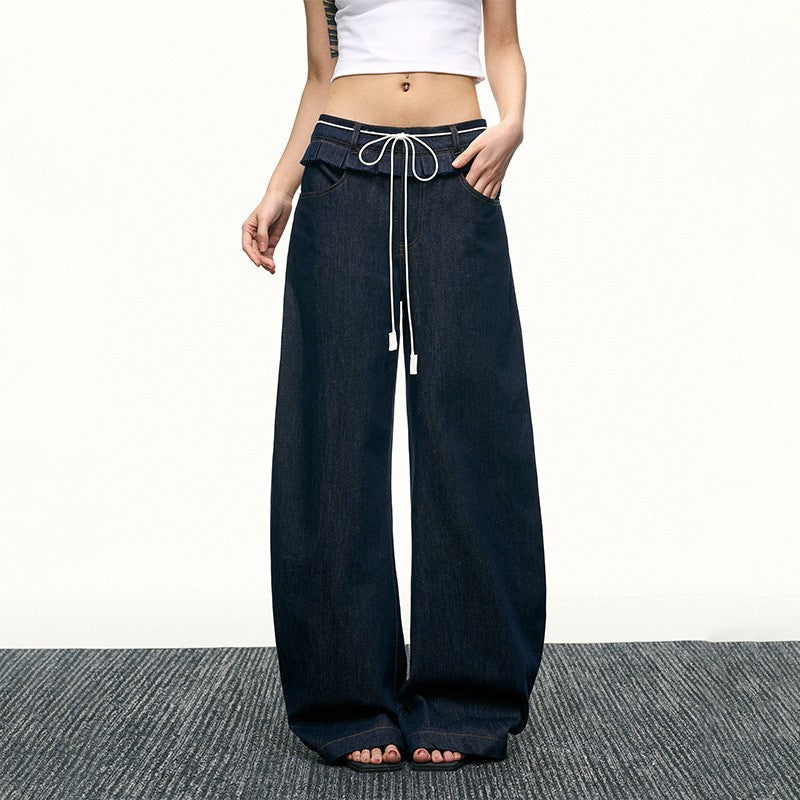 American hot girl washed-out jeans with a design sense, loose straight-leg pants, floor-length wide-leg pants