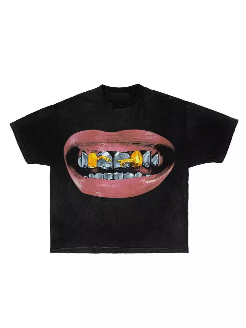 Men's clothing American-style lipstick, lips, iling face, street print wash short-sleeved T-shirt