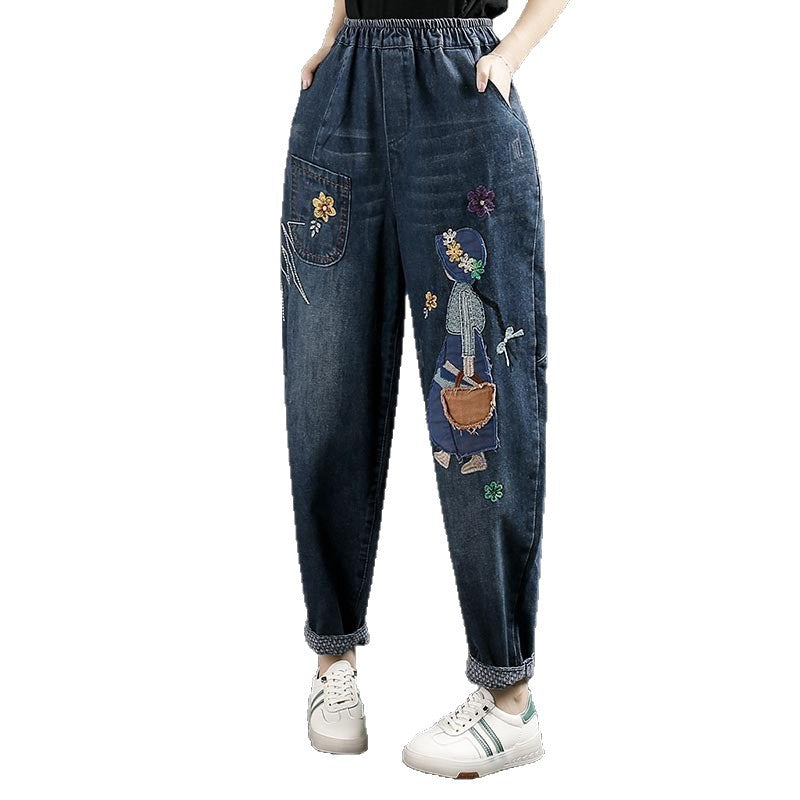 Retro embroidered jeans, women's early autumn casual and versatile long pants, loose and large size slimming, elastic and tight waist Harem pants