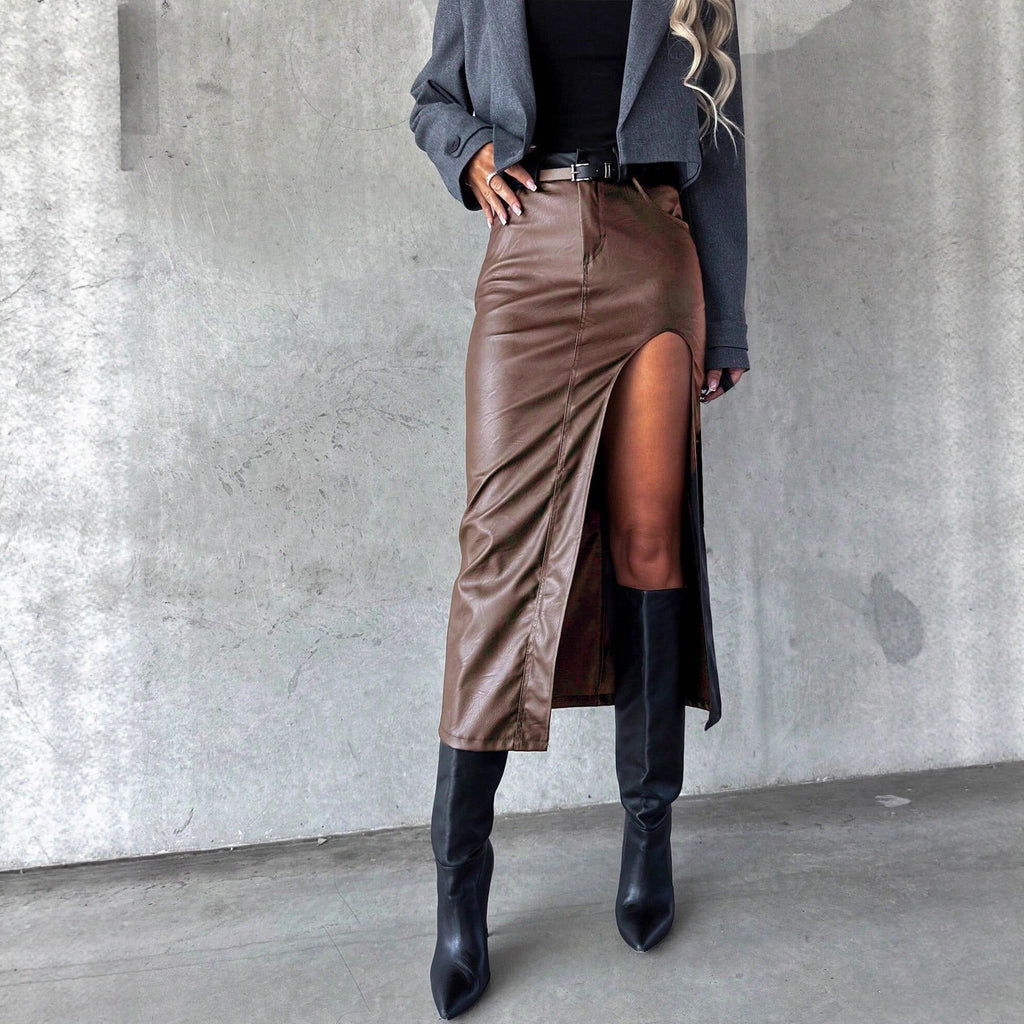 Autumn and winter leather skirt with slit design for women's half skirt
