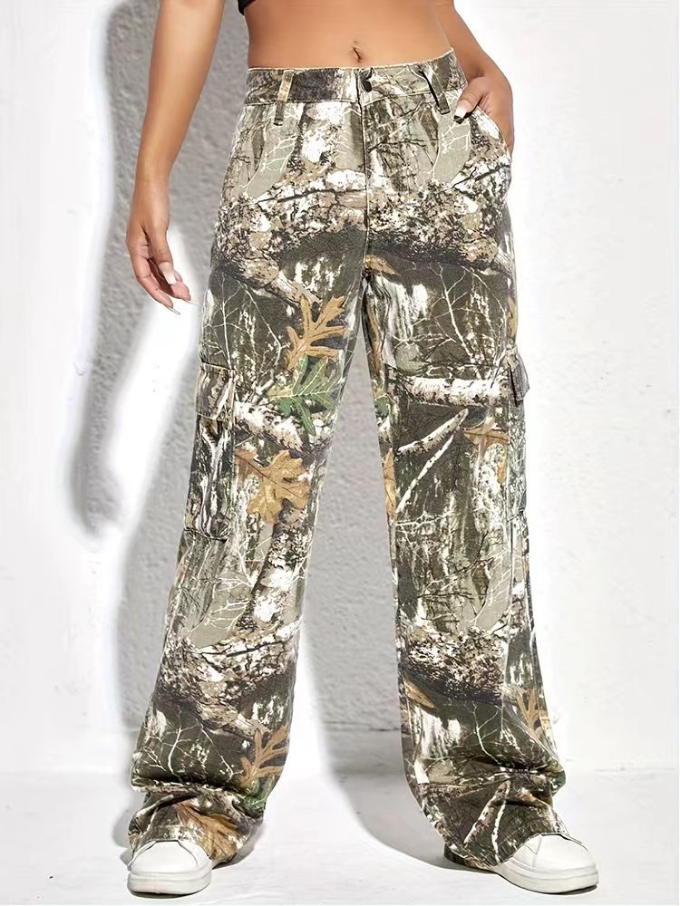 Embroidered and printed camouflage long pants for spring, mid-waist spliced zipper casual loose straight-leg pants for women