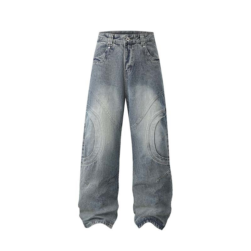 American high street deconstructed and pieced washed-out distressed men's loose and casual straight-leg jeans