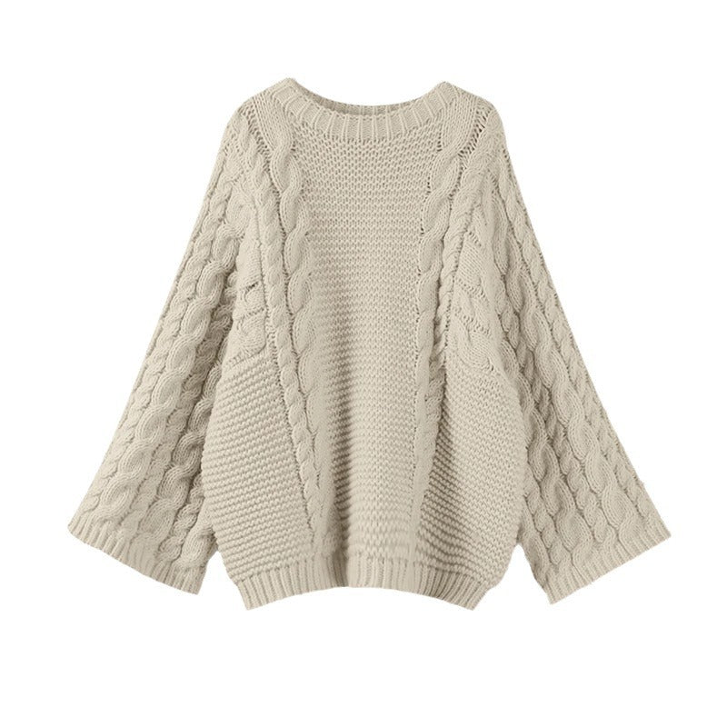 Round-neck flared sleeve knitted loose sweater for women