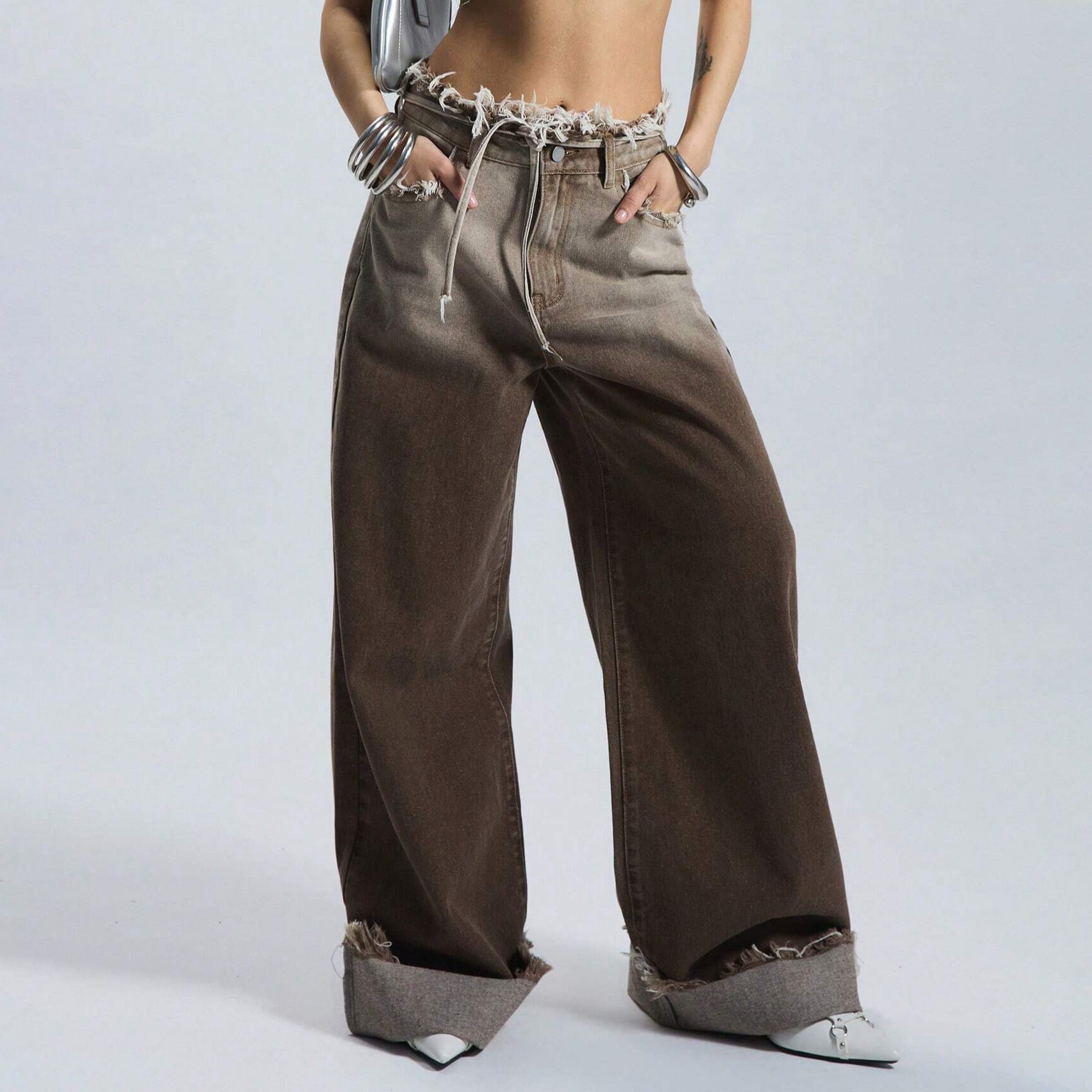 American-style waisted gradient jeans with a versatile design, wide-leg straight-leg trousers for women