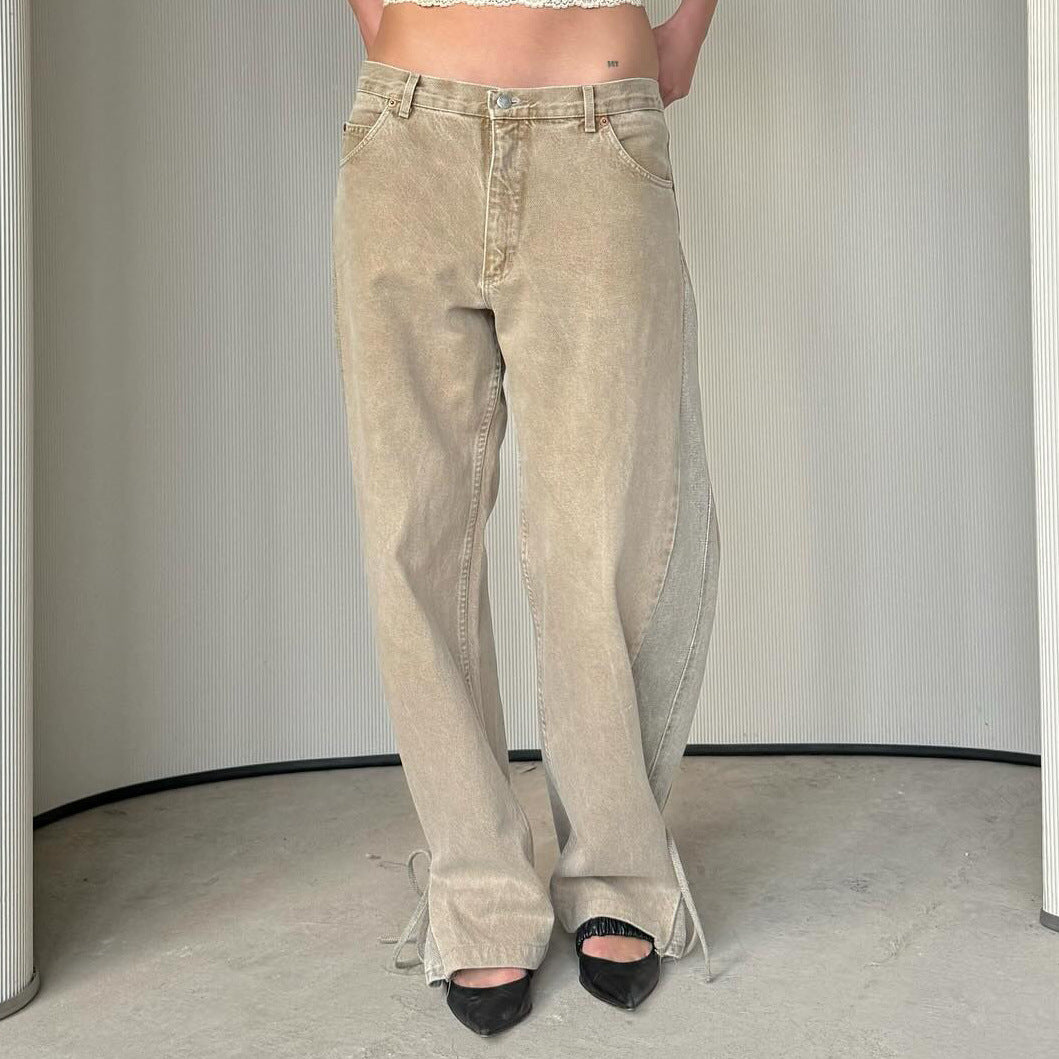 Women's design sense lace-up hem side color-blocked jeans, versatile street style American wide-leg straight-leg pants