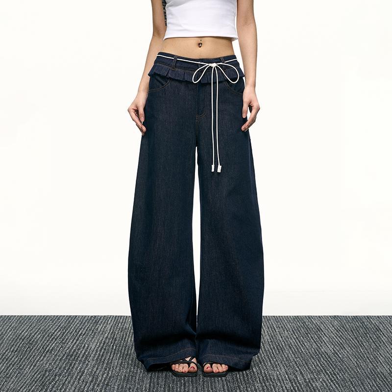 American hot girl washed-out jeans with a design sense, loose straight-leg pants, floor-length wide-leg pants