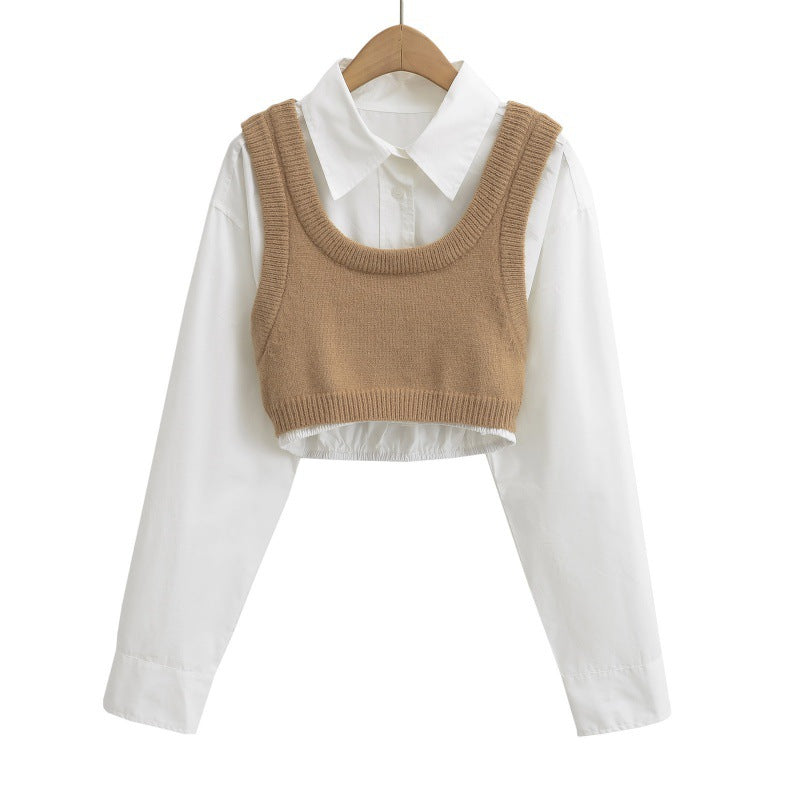 Pure Desire style striped short shirt two-piece set, sleeveless I-shaped knitted vest, short layered top