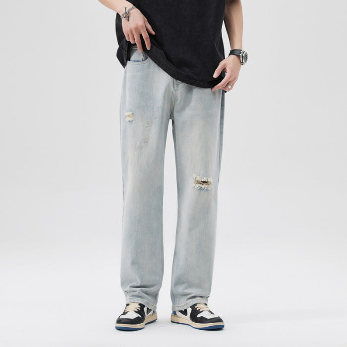 Men's vintage jeans, spring and autumn straight-leg loose wide-leg American high street versatile casual long pants for men