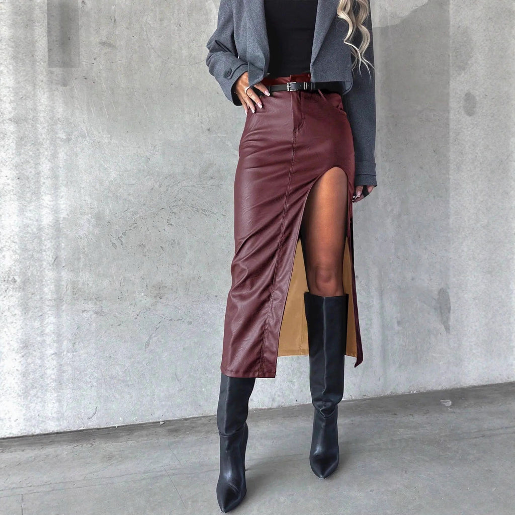 Autumn and winter leather skirt with slit design for women's half skirt