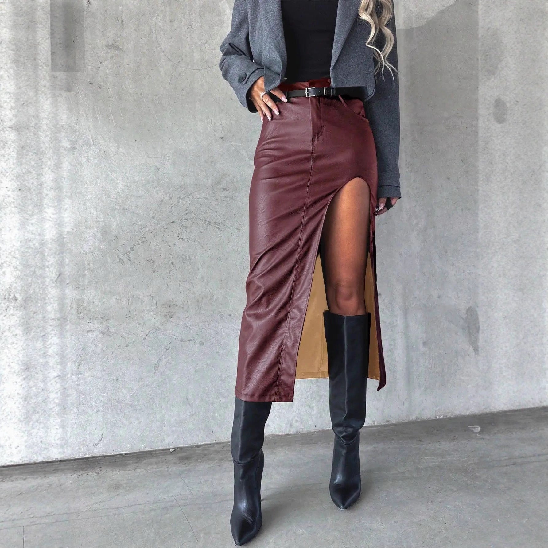 Autumn and winter leather skirt with slit design for women's half skirt
