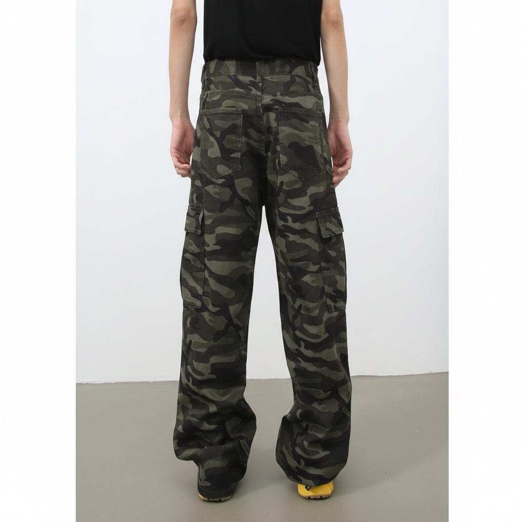 nirben jeans - American vibe retro camouflage oversized pocket workwear jeans for men, loose straight-leg wide-leg pants
