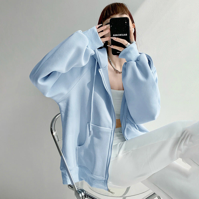 A hooded cardigan for women in autumn, winter and spring and autumn is loose and casual, with a fleece top that is thin