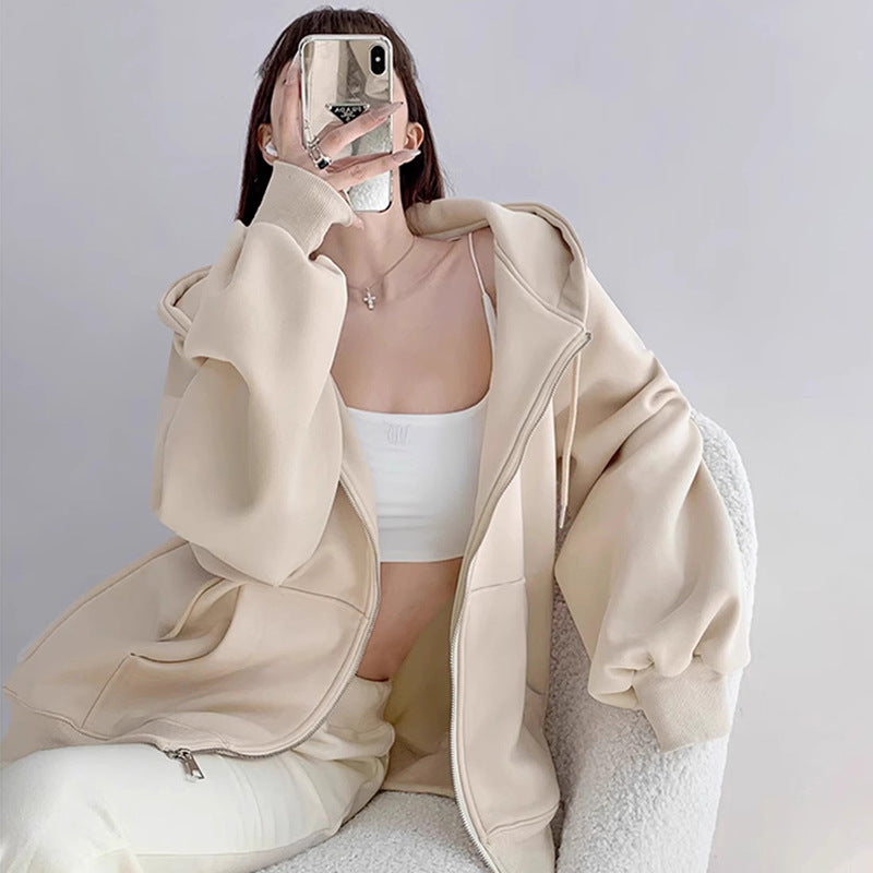 A hooded cardigan for women in autumn, winter and spring and autumn is loose and casual, with a fleece top that is thin