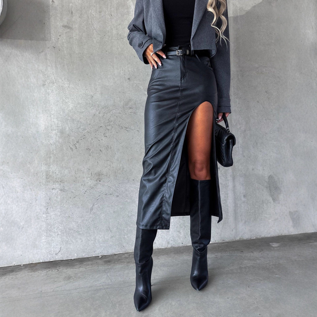 Autumn and winter leather skirt with slit design for women's half skirt