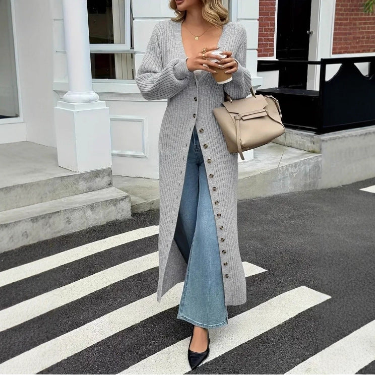 Women's winter solid-color cardigan, casual long coat, versatile loose knitted women's sweater coat