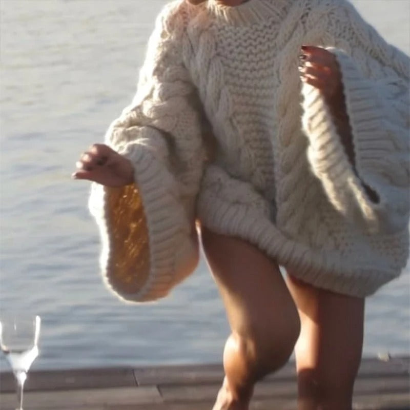 Round-neck flared sleeve knitted loose sweater for women