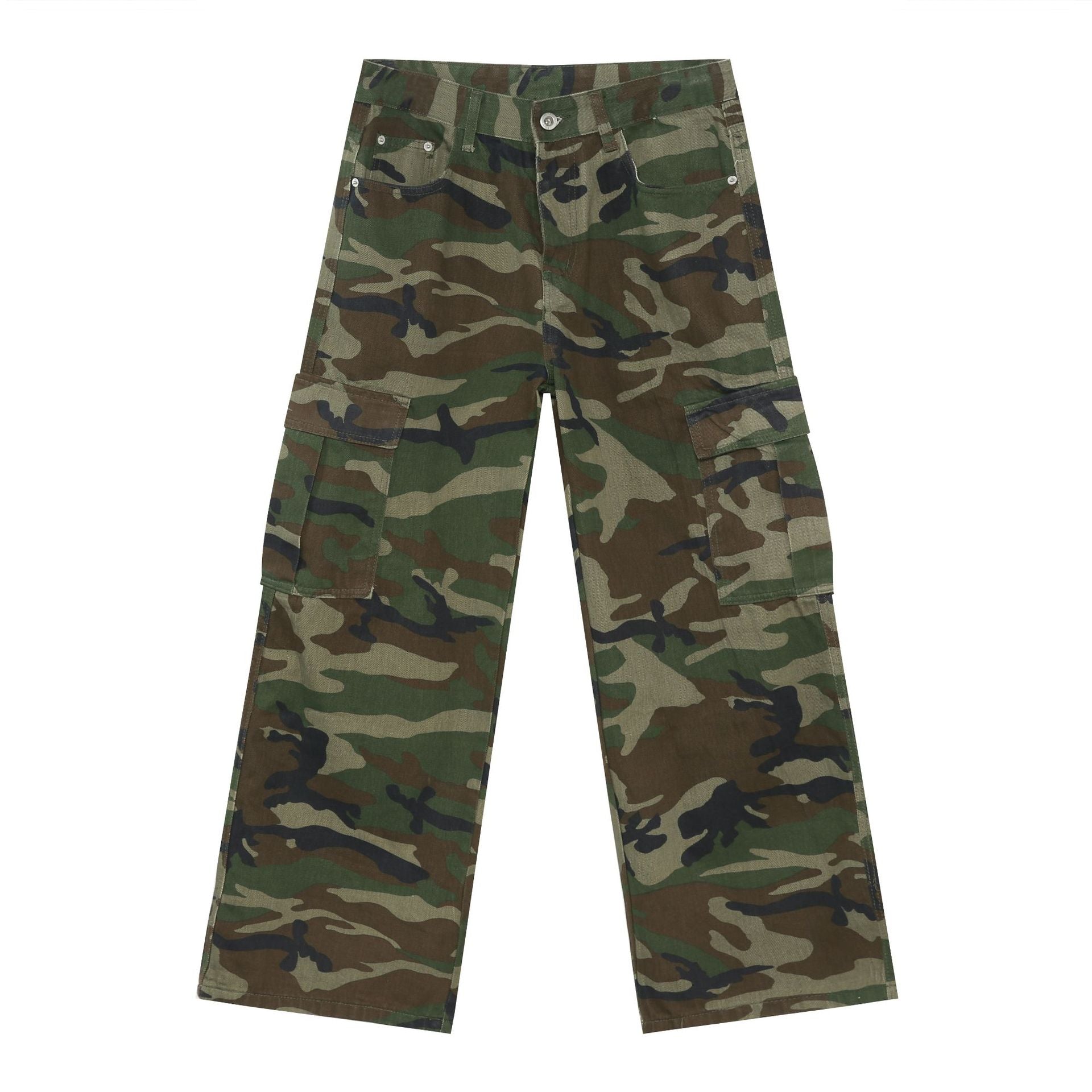 nirben jeans - American vibe retro camouflage oversized pocket workwear jeans for men, loose straight-leg wide-leg pants