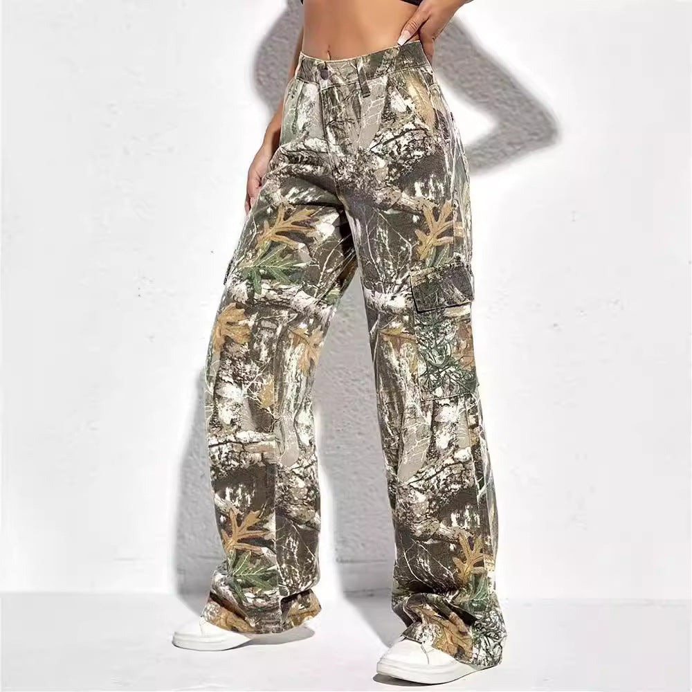Embroidered and printed camouflage long pants for spring, mid-waist spliced zipper casual loose straight-leg pants for women