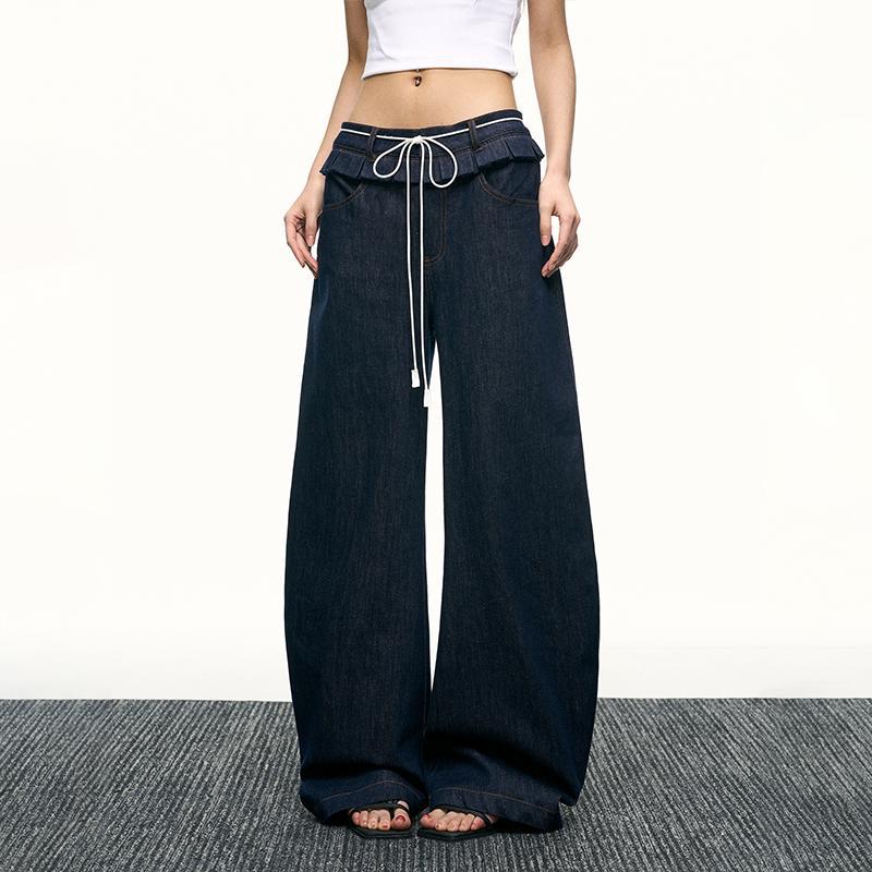 American hot girl washed-out jeans with a design sense, loose straight-leg pants, floor-length wide-leg pants
