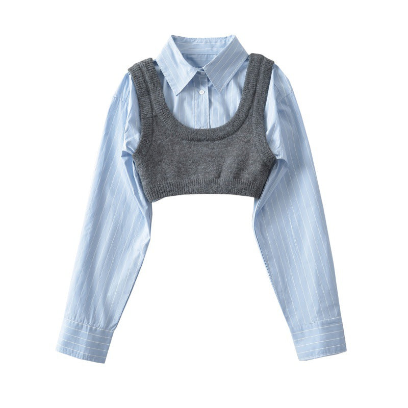 Pure Desire style striped short shirt two-piece set, sleeveless I-shaped knitted vest, short layered top